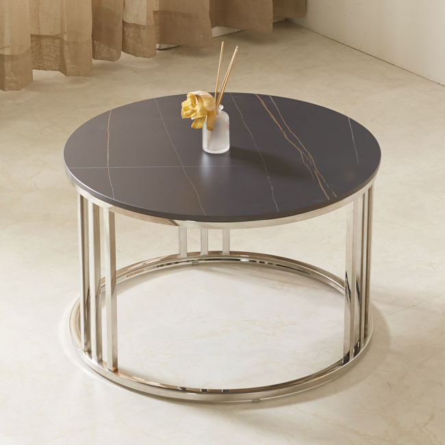 에르딘 스텐 실버 원형 듀얼 세라믹 거실 소파 테이블 S