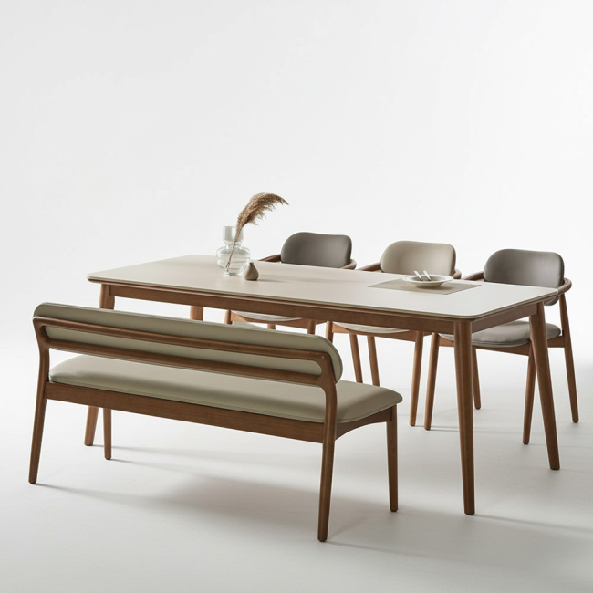 마르넬 포세린 세라믹 원목 6인 식탁세트(벤치1개+의자3개)