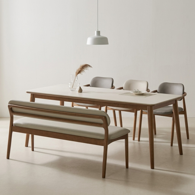마르넬 포세린 세라믹 원목 6인 식탁세트(벤치1개+의자3개)