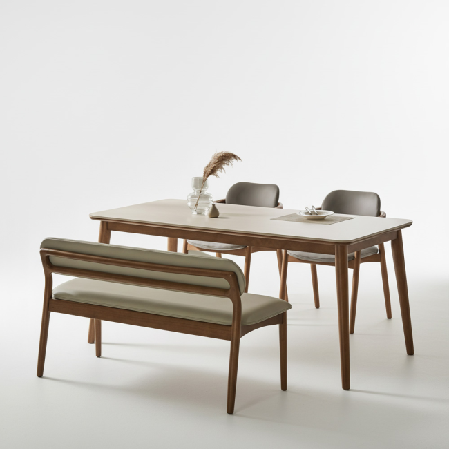 마르넬 포세린 세라믹 원목 4인 식탁세트(벤치1개+의자2개)