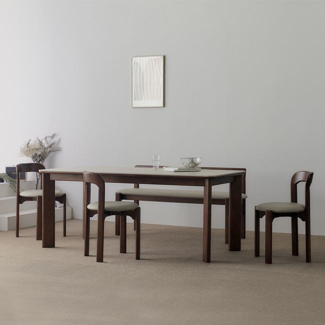 파인즈 양면 포세린 세라믹 원목 6인 식탁세트(벤치1개+의자3개)