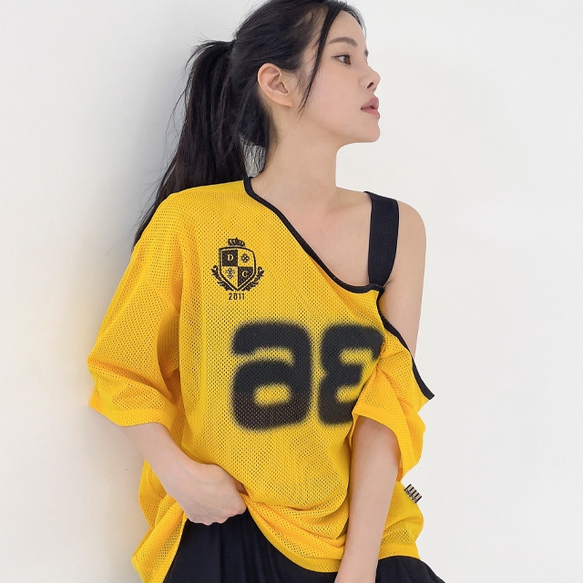 TOP(101259) 메쉬 오프 박스티셔츠엘로우 당출