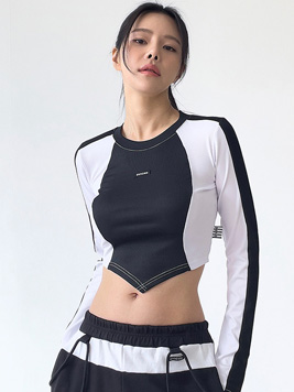 TOP(101275) 배색 골지 긴팔 크롭티셔츠