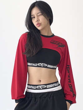 TOP(101277) 하이컷 긴팔 크롭티셔츠레드 당출