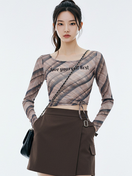 TOP(101287) 체크 후로킹 시스루 크롭티셔츠