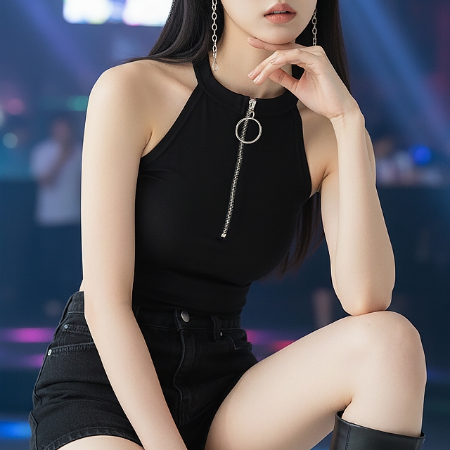 TOP(8097) 지퍼 홀터 크롭탑