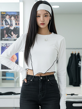 TOP(9450) V언발 긴팔 크롭티블랙, 화이트 당출