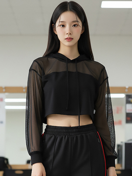 TOP(9678) 시스루 후드 크롭티셔츠