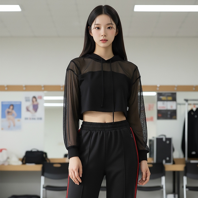 TOP(9678) 시스루 후드 크롭티셔츠