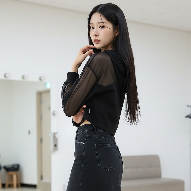 TOP(9678) 시스루 후드 크롭티셔츠