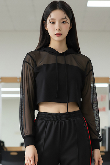 TOP(9678) 시스루 후드 크롭티셔츠