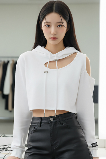 TOP(101315) 언발 오프숄더 후드크롭티셔츠