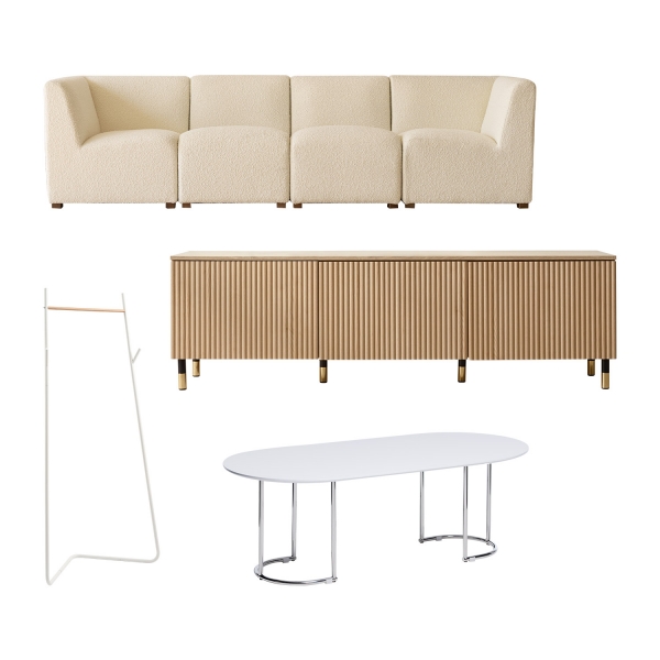 [기획특가] 거실가구 SET2 (파미에4인소파, 모던크롬테이블, 템바보드1800낮은거실장, 노르딕코너행거 화이트)