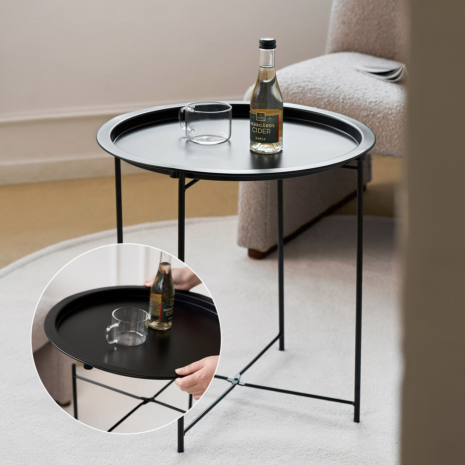 아이언 폴딩 사이드 테이블 원형 철제 보조 협탁 소파 간이 미니