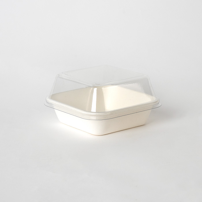 오픈형 정사각 펄프용기 화이트 1박스 300개입 투명뚜껑포함 B003-D