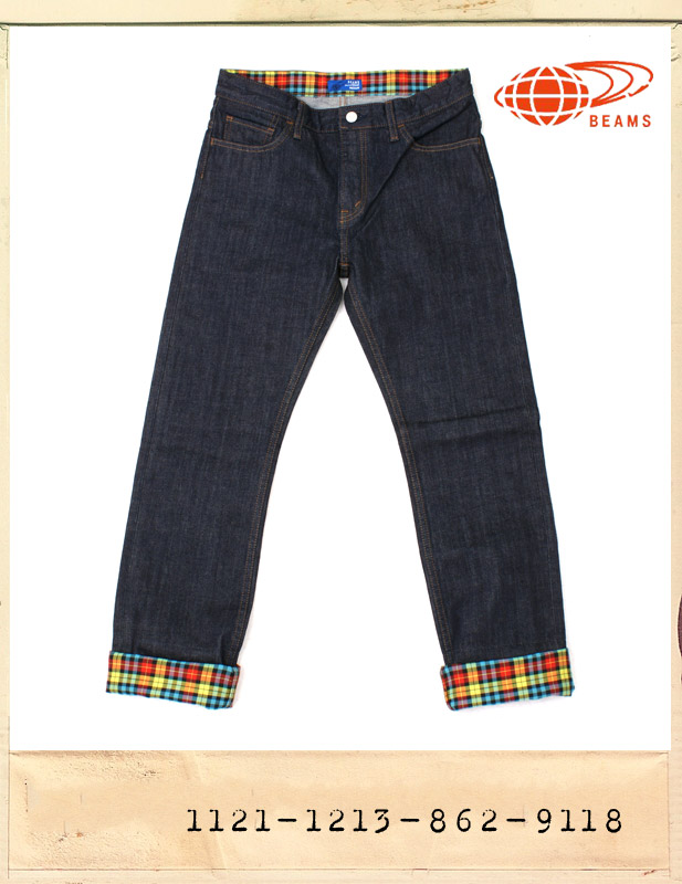 BEAMS CHECK ROLL-UP DENIM PANTS/빔스 체크 롤업 데님팬츠