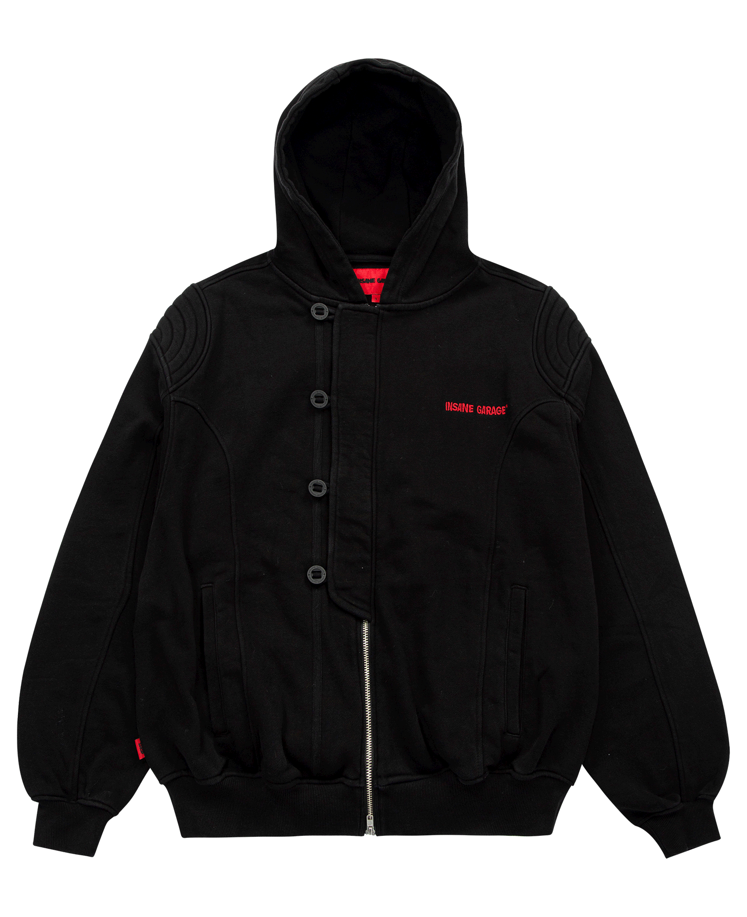 INSANE PADDED SHOULDER ZIP FRONT HOODIE_BLACK