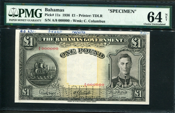 바하마 Bahamas 1936 1 Pound Specimen P11s PMG 64 NET(Previously Mounted) 미사용