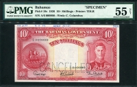 바하마 Bahamas 1936 10 Shillings Specimen P10s PMG 55 NET(Previously Mounted) 준미사용
