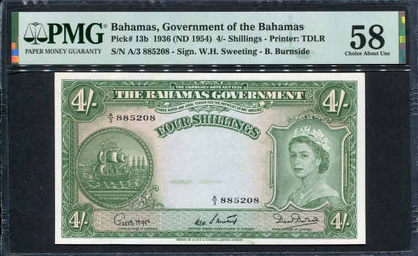바하마 Bahamas 1953 4 Shillings P13b PMG 58 준미사용