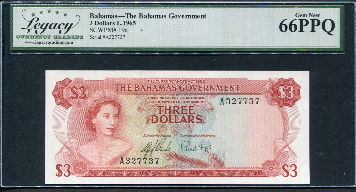 바하마 Bahamas 1965 3 Dollars P19a Legacy 66 PPQ 완전미사용