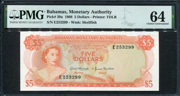 바하마 Bahamas 1968 5 Dollars P29 PMG 64 미사용
