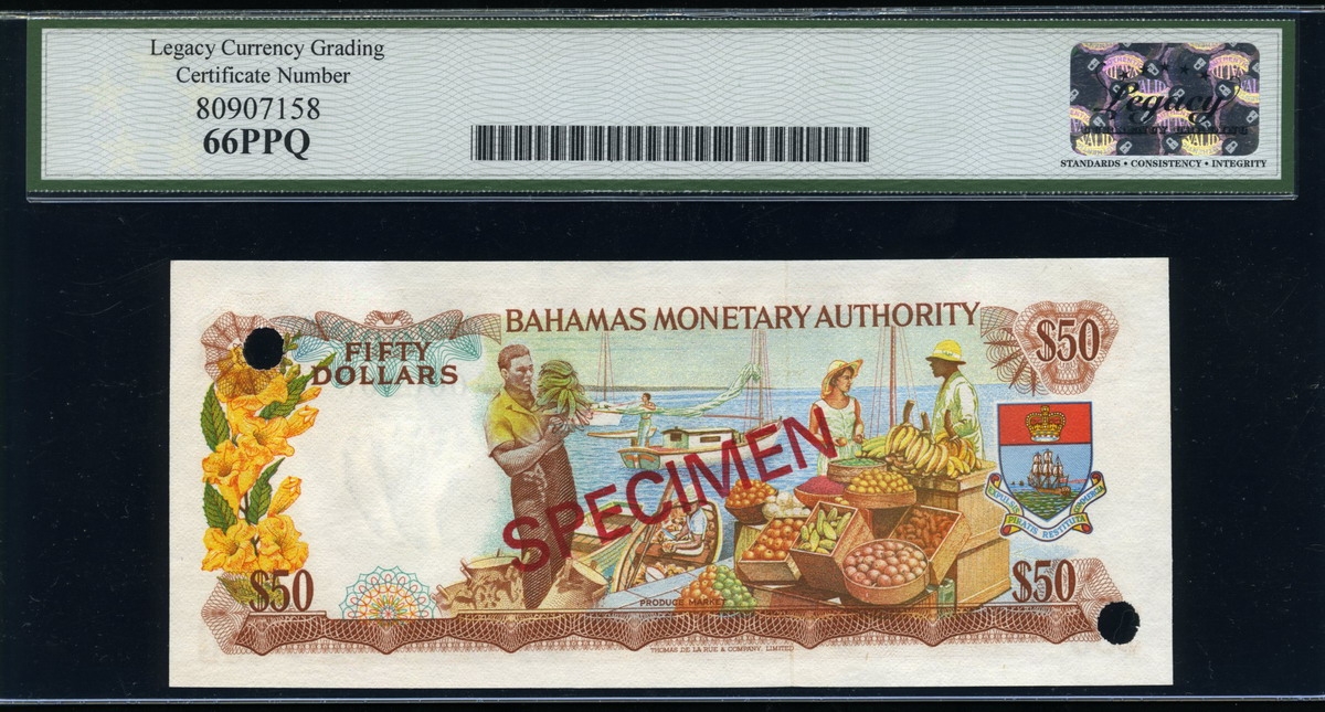 바하마 Bahamas 1968 Specimen 50 Dollars P32s(CS2) Legacy 66 PPQ 완전미사용
