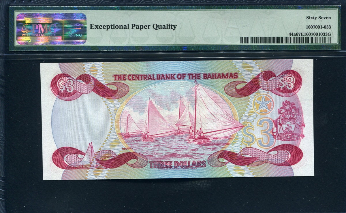 바하마 Bahamas 1974 ( 1984 ) 3 Dollars  A 4133번 P44a PMG 67 EPQ 완전미사용