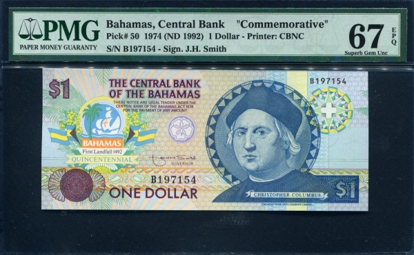 바하마 Bahamas 1992 Commemorative 1 Dollar P50 PMG 67 EPQ 완전미사용
