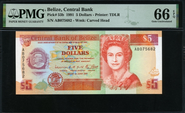 벨리즈 Belize 1991 5 Dollars, P53b PMG 66 EPQ 완전미사용