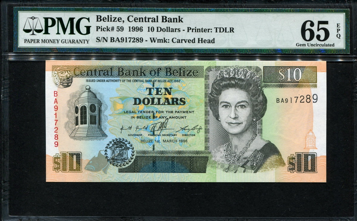 벨리즈 Belize 1996 10 Dollars P59 PMG 65 EPQ 완전미사용