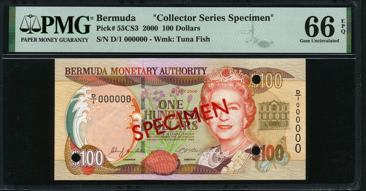 버뮤다 Bermuda 2000 100 Dollars P55CS3 Specimen PMG 66 EPQ 완전미사용