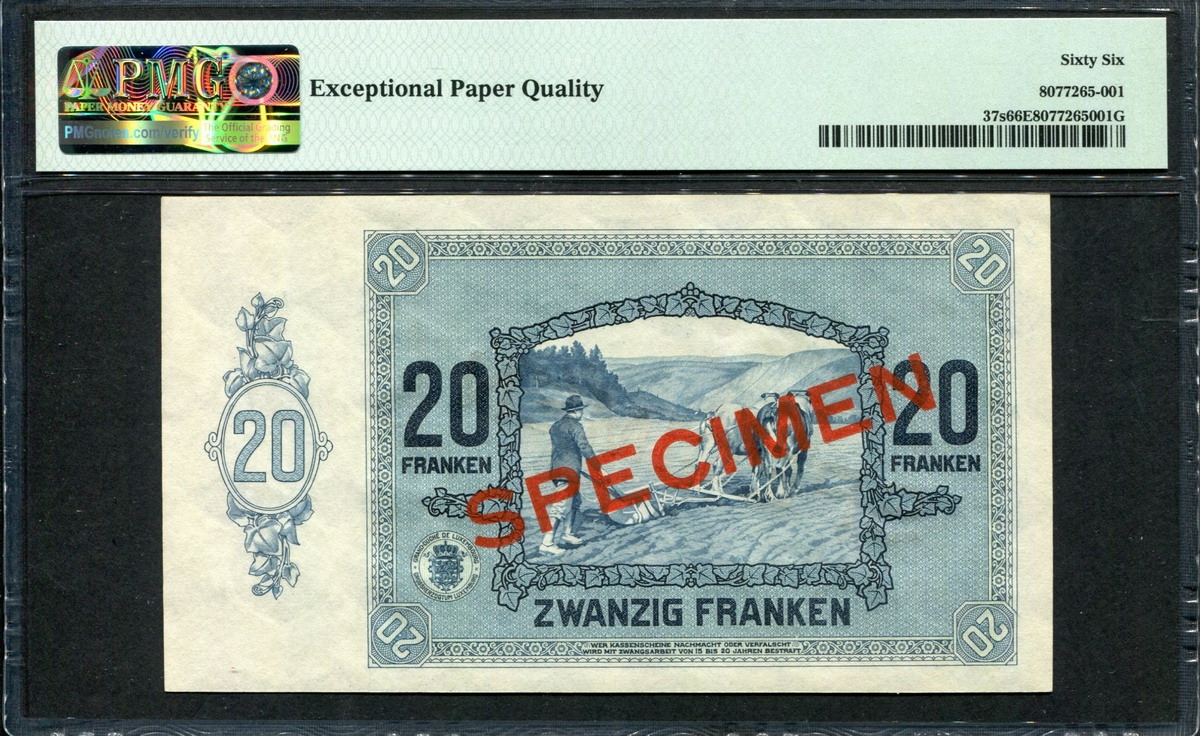 룩셈부르크 Luxembourg 1929 20 Francs Specimen P37s PMG 66 EPQ 완전미사용