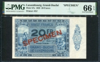 룩셈부르크 Luxembourg 1929 20 Francs Specimen P37s PMG 66 EPQ 완전미사용