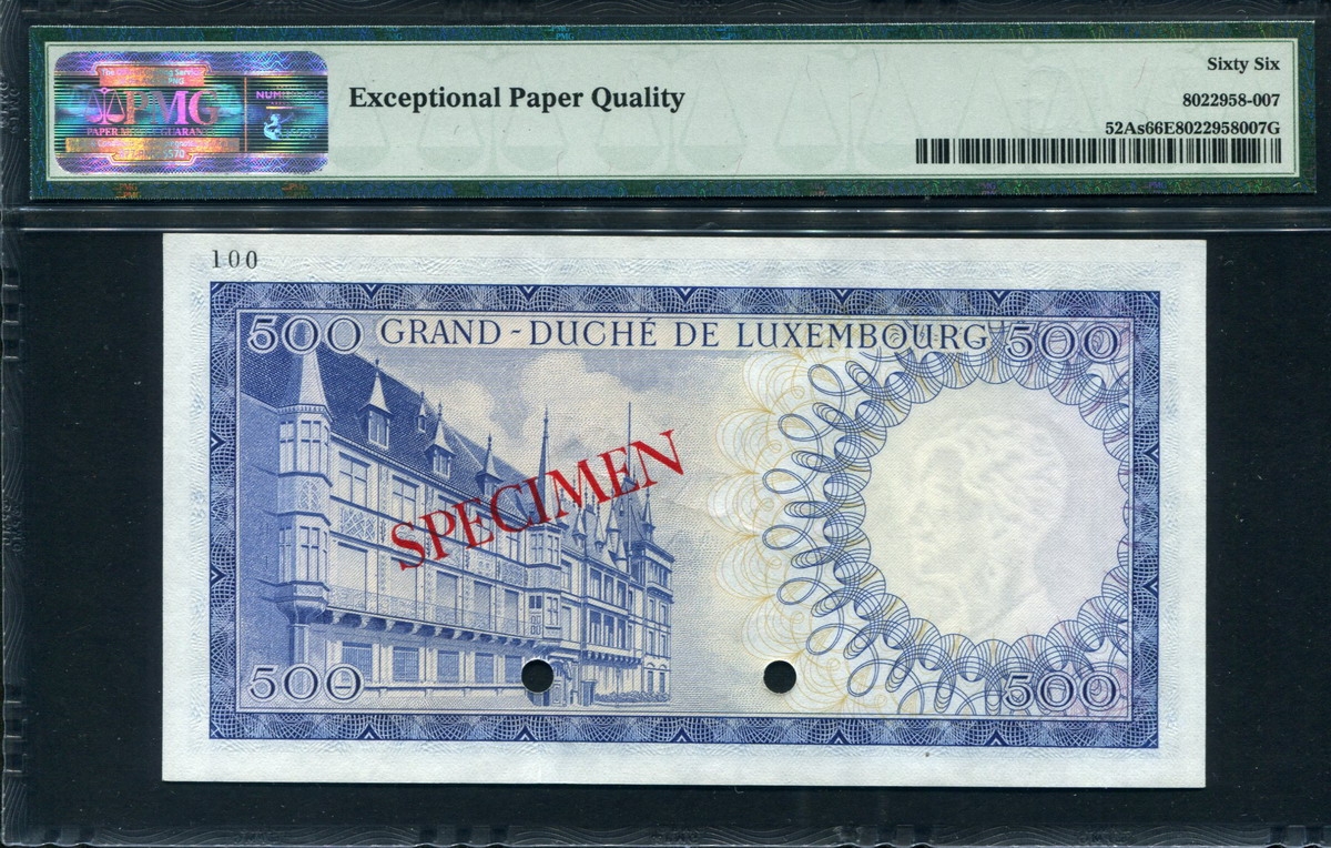 룩셈부르크 Luxembourg 1960-1963 500 Francs Specimen P52As PMG 66 EPQ 완전미사용