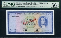 룩셈부르크 Luxembourg 1960-1963 500 Francs Specimen P52As PMG 66 EPQ 완전미사용