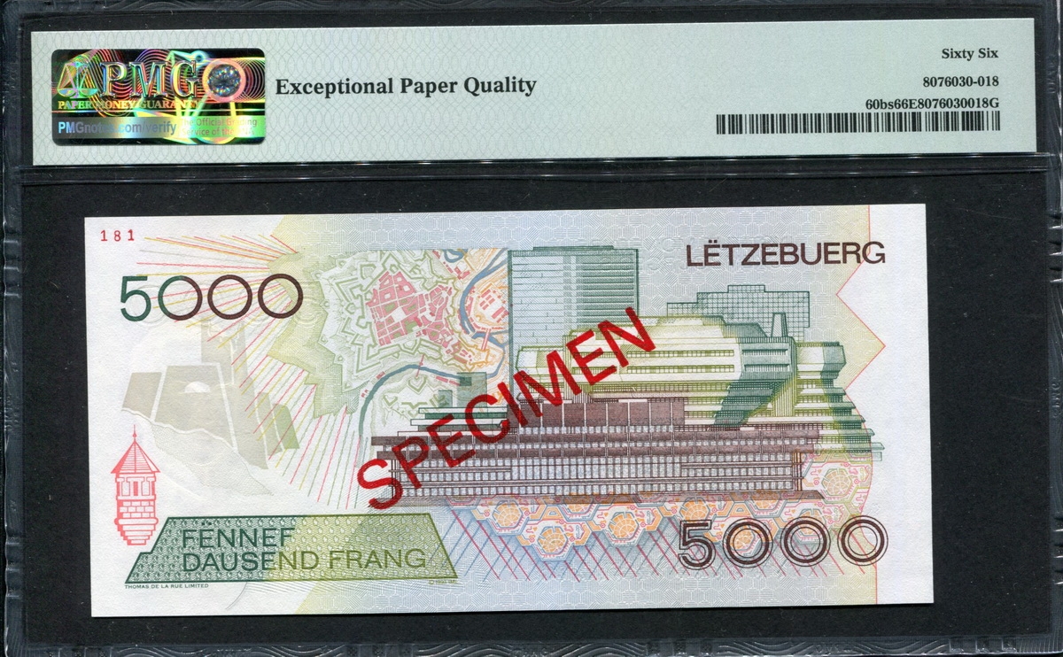룩셈부르크 Luxembourg 1996 Specimen 5000 Francs P60bs PMG 66 EPQ 완전미사용