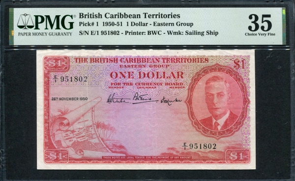 영국령 카리브해 지역 British Caribbean Territories 1950-1951 1 Dollar P1 PMG 35 미품+