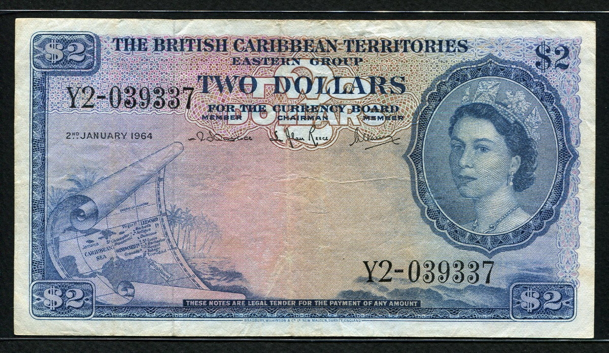 영국령 카리브해 지역 British Caribbean Territories 1964 2 Dollar P8c 미품 (뒷면 글씨)