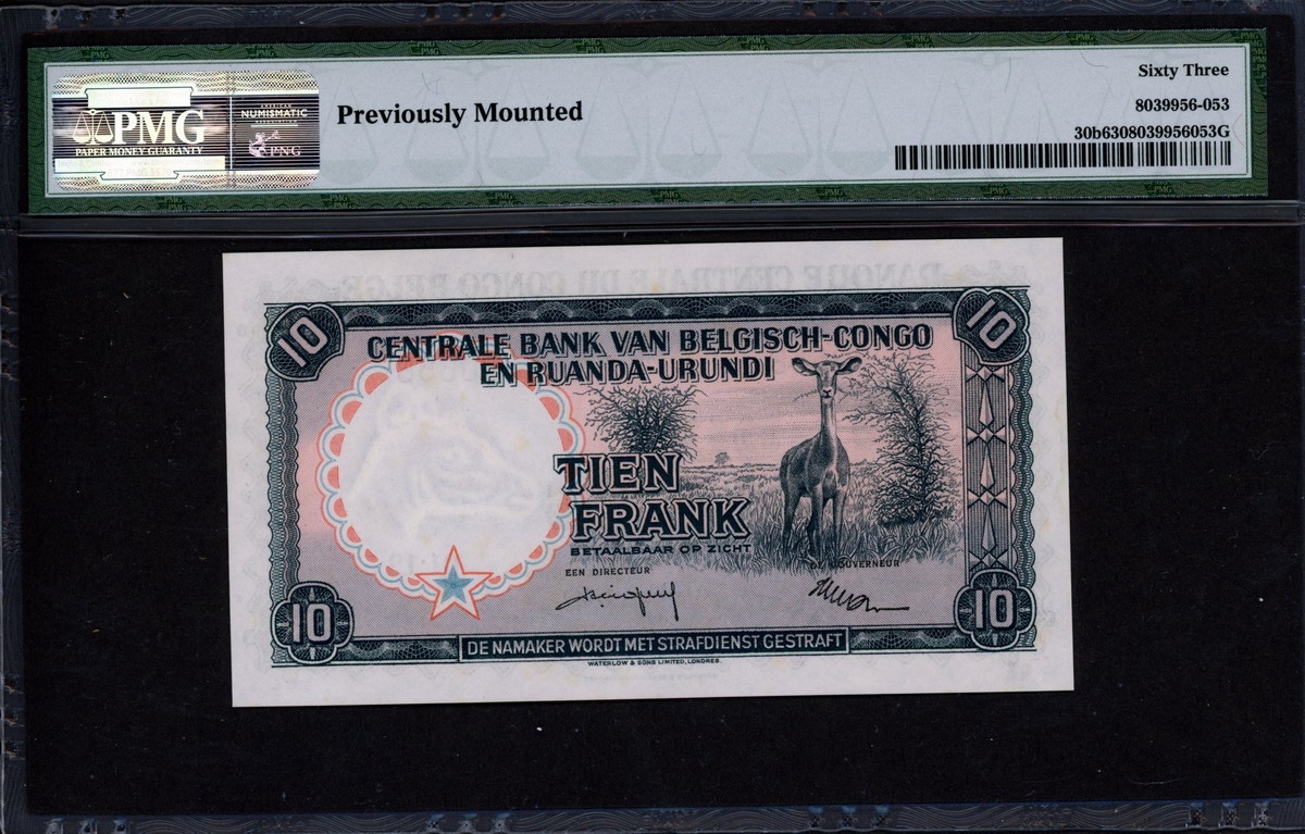 벨기에령 콩고 Belgian Congo 1956-1959 10 Francs P30b,PMG 63 미사용 (Previously Mounted)