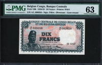 벨기에령 콩고 Belgian Congo 1956-1959 10 Francs P30b,PMG 63 미사용 (Previously Mounted)