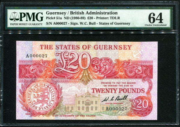 건지 Guernsey 1980-1989 20 Pounds 빠른번호 A 27번 P51a PMG 64 미사용