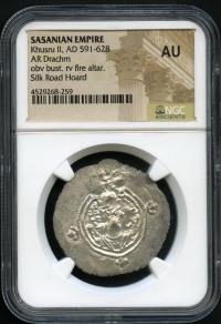 [고대 로마 주화] 🎀 AD 591-628 Sasanian Empire(사산 제국) Khusru II(사산조 페르시아 호로스 2세), 드라크마 NGC AU 준미사용