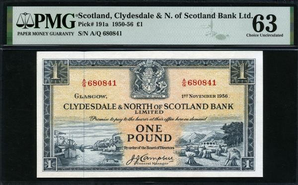 스코틀랜드 Scotland 1950-1956 1 Pound P191a PMG 63 미사용