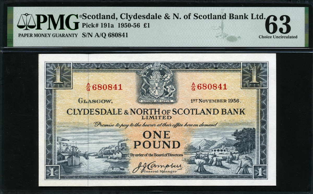스코틀랜드 Scotland 1950-1956 1 Pound P191a PMG 63 미사용