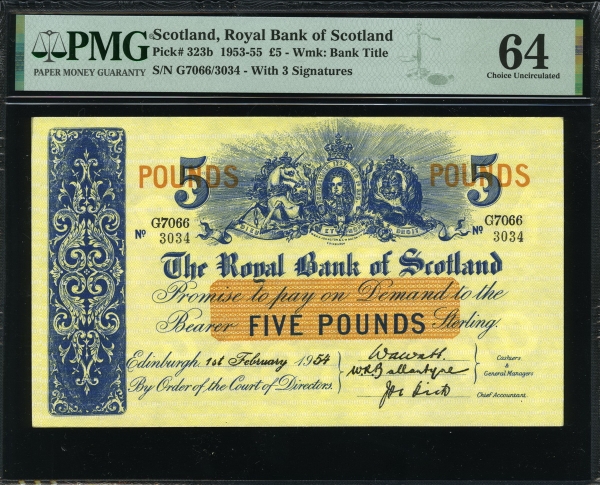 스코틀랜드 Scotland 1952-1963 ( 1954 ) 5 Pounds P323b PMG 64 미사용