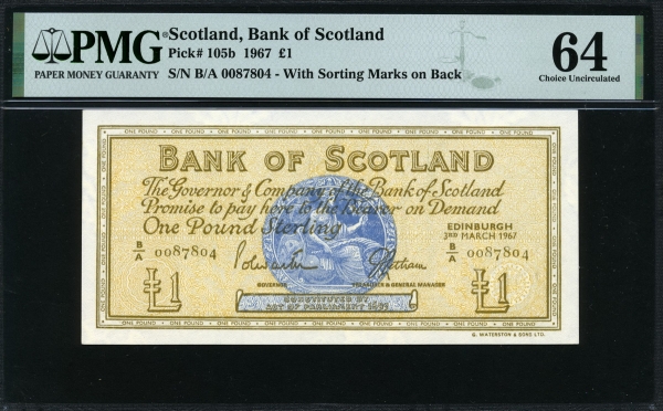 스코틀랜드 Scotland 1967 1 Pound P105b PMG 64 미사용