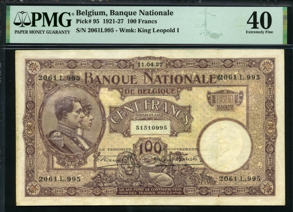 벨기에 Belgium 1921-1927 100 Francs P95 PMG 40 극미품