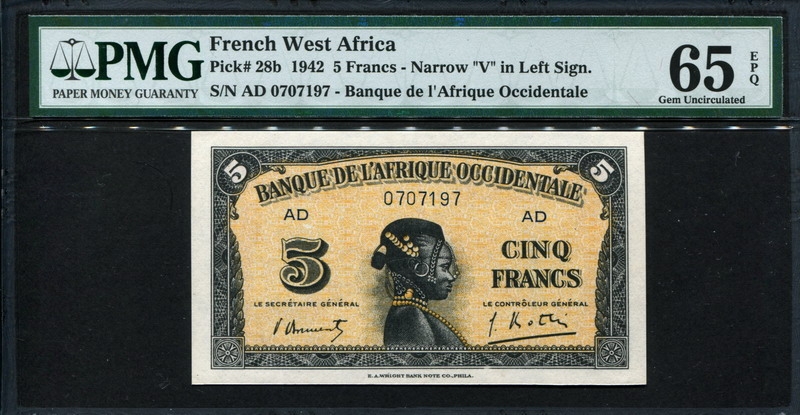 프랑스령 서아프리카 French West Africa 1942 5 Francs, P28b PMG 65 EPQ 완전미사용