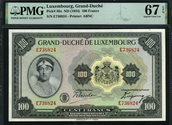 룩셈부르크 Luxembourg 1934 100 Francs P39a PMG 67 EPQ 완전미사용 최고등급